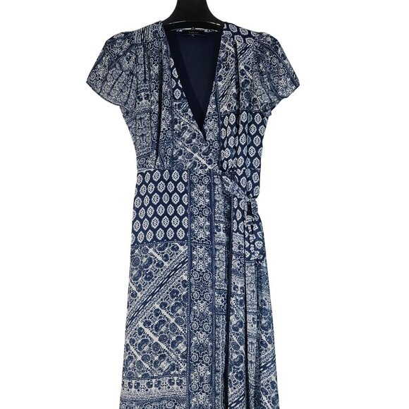 Aakaa Boho Maxi Dress Blue White Geo Print Short Sleeve Lightweight Small Resort - Picture 9 of 13